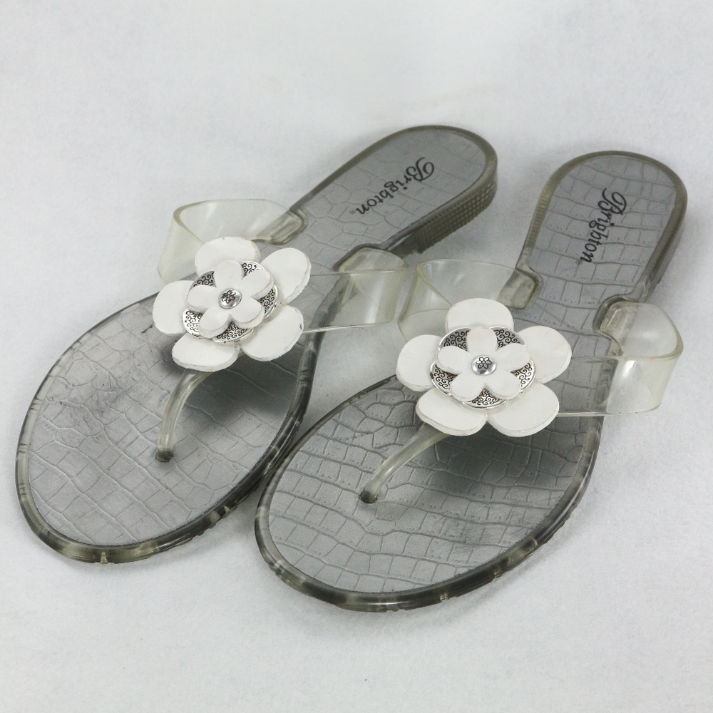 BRIGHTON Silver Croc Pattern Floral Flip Flops Sz 7-8